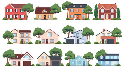 Set of house exterior architecture. Facades of mansions with trees. Residential rural and urban buildings. Traditional and modern houses. Vector illustration