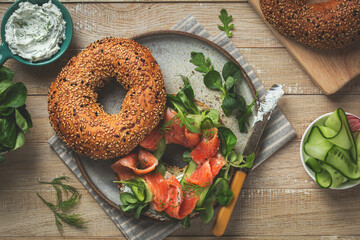 Canvas Print - smoked salmon, cream cheese and cucumber bagel sandwich