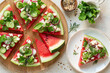 watermelon pizza salad with feta cheese, cucumber and radish