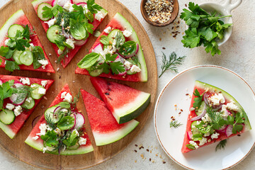 Wall Mural - watermelon pizza salad with feta cheese, cucumber and radish