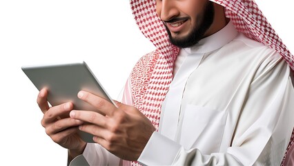 Arabic man wearing a Saudi bisht and traditional white shirt, is looking at the table he is holding.