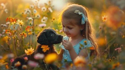 A kid holding a dog in arms in outdoor park