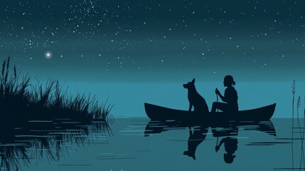 Canvas Print - Vector illustration of cute dog and a female on canoe at night in lake