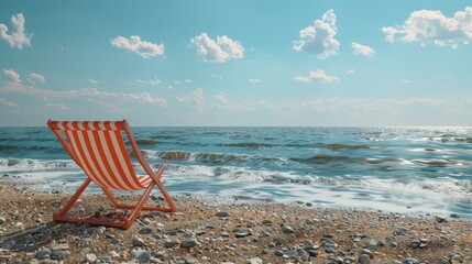 Wall Mural - Serene beach view with a vibrant red and white striped chair inviting relaxation and escape, under a clear blue sky