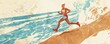 Illustration of a woman running along the beach with vibrant waves crashing nearby
