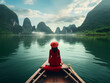 Realistic, young Asian woman, wearing traditional costume rowing boats. forward in the vast lake amidst green valleys, generative ai illustration.