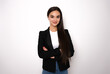 © Danko - brunette business lady in white shirt smiling confident and cheerful with folded hands, isolated on white background.