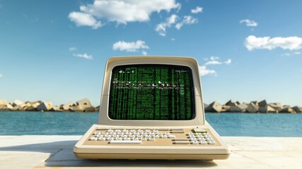 computer on a beach with data and code on screen