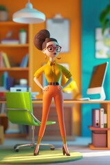 Vibrant cartoon caucasian female teacher posing at her desk and looking at camera in her office ready for teacher's day