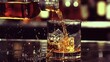 Graceful Whiskey Pour from Bottle to Glass Captured in Motion. Concept Pouring Whiskey, Glassware, Motion Photography, Fluid Dynamics