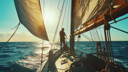 Poster - A sailor is navigating a sail boat in sea.