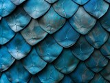 Fototapeta  - Close-up of overlapping blue fish scales with a metallic sheen and intricate patterns.