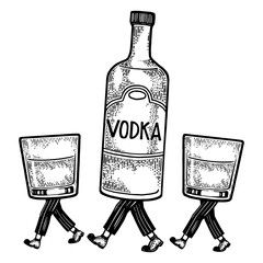 Wall Mural - Vodka alcohol bottle with ice and glasses walks on its feet sketch engraving PNG illustration. Scratch board style imitation. Black and white hand drawn image.