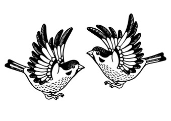 Wall Mural - Sparrow birds tattoo sketch engraving PNG illustration. Scratch board style imitation. Hand drawn image.