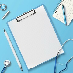 A clipboard with a blank page a stethoscope and a pen on a blue background