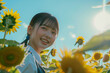 A photo of an Asian girl in a school uniform, with sunflowers and a blue sky as the background, Generative AI