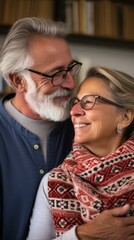 Wall Mural - An elderly couple is hugging and smiling at each other.