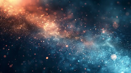 Blue and orange glowing particles flowing in space