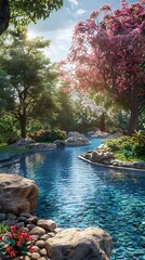 Wall Mural - Tropical Island River With Pink Flower Trees And Rocks