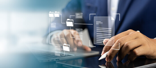 Fototapete - Document management system concept (DMS), Businessman working laptop virtual screen icons folder and document management system, Software for archiving, Searching and managing files corporate document