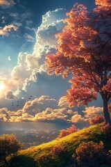 Wall Mural - Fantasy landscape with a large tree and a beautiful sky