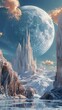 Fantasy landscape with a giant moon and a castle
