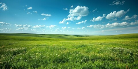 Wall Mural - Green rolling hills under blue sky with white clouds