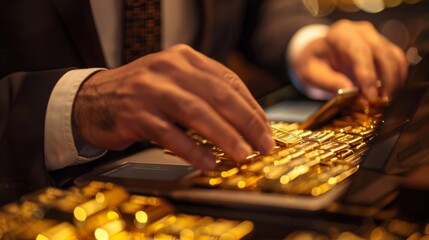 A businessman making a gold purchase transaction online with a secure payment gateway, emphasizing the ease of investing in gold digitally.