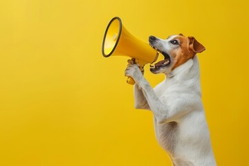 Small adorable dog making announcement with a megaphone, cute pet communication concept