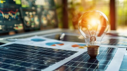 Wall Mural - a conceptual image of a lightbulb over a solar panel array, surrounded by financial documents and gr