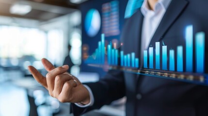 Poster - A businessman presenting a compelling business proposal to potential investors, with dynamic graphs in the background, showcasing opportunity and vision.