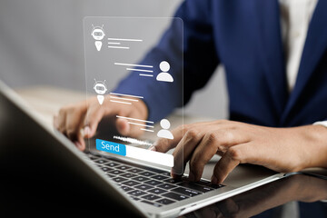 Aufkleber - Businessman using AI chatbot conversation assistant in app on device for virtual assistance and customer support digital communication, Contact us Online service with AI Chatbot for efficient support