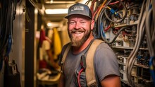Portrait Of A Smiling Electrician In A Hard Hat Standing In Front Of An Electrical Panel
