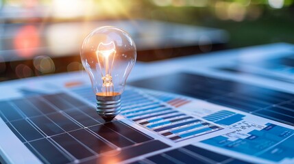 a conceptual image of a lightbulb over a solar panel array, surrounded by financial documents and gr