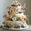 Four tiers wedding cake decorated with cream and flowers