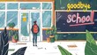 Illustration on a school theme. School and schoolyard. Teacher's Day. Goodbye, school. Beginning and end of the school year. Return to school. Space for text