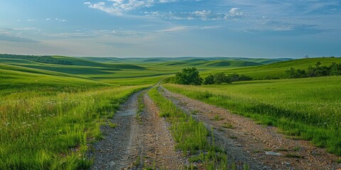 Poster - dirt road through green rolling hills