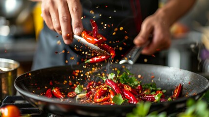 Wall Mural - A chef garnishing a Thai dish with crushed chili peppers and ground peppercorns, adding a burst of flavor and color to the presentation.