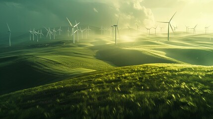 Wind Turbine Fields, Ideal for wind energy and eco-tech companies. Depicts rotating turbines in vast fields. Generative AI.