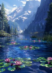 Tranquil Mountain Lake with Pink Water Lilies