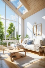 Wall Mural - A bright and airy living room with a large window and a high ceiling