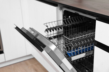 Poster - Built-in dishwasher with open door indoors. Home appliance