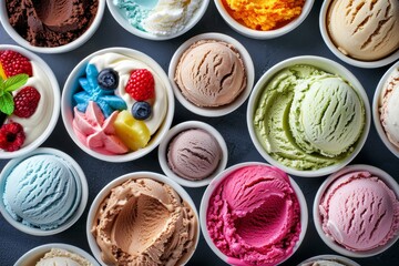 An overhead shot of a selection of ice cream and sorbets