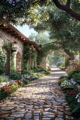 Canvas Print - Stone path through a beautiful garden