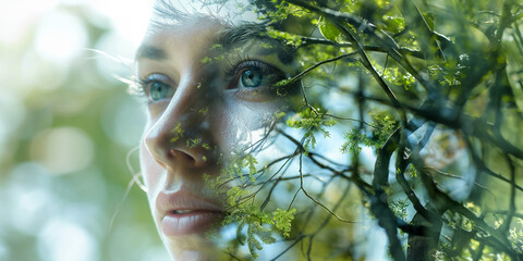 Wall Mural - Double exposure combines a female face and green forest background.
