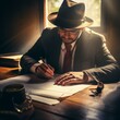 Man in a hat and tie writing at a desk