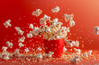 Popcorn floating up for advertising with red background