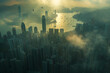 Aerial view of buildings in Hong Kong in the mist
