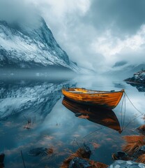 A boat sits in a fjord in Norway