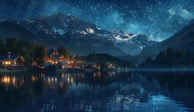 Ountain Landscape At Night, With Snowcapped Peaks Reflecting In The Clear Water Of An Ancient Lake. A Small Cabin Sits Beside It, Illuminated By Moonlight And Stars Above.